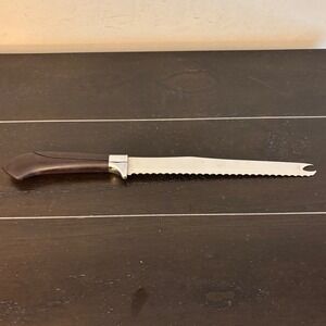Vintage Ginsu Serrated Knife Stainless USA Dark Brown Handle Forked Tip 12 Inch